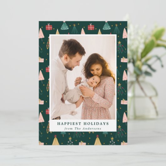 Handgetekende moderne kerstbomen Foto Feestdagenkaart (Staand voorkant)