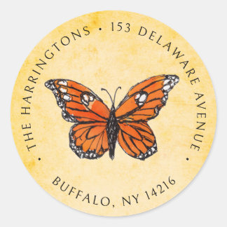 Handgetekende Monarch Butterfly Gold Retouradres Ronde Sticker