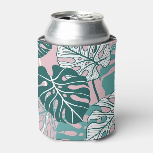 Handgetekende monstera bladeren, roze achtergrond. blikjeskoeler (Blikje Voorkant)