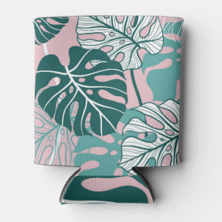 Handgetekende monstera bladeren, roze achtergrond. blikjeskoeler