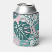 Handgetekende monstera bladeren, roze achtergrond. blikjeskoeler (Blikje Achterkant)