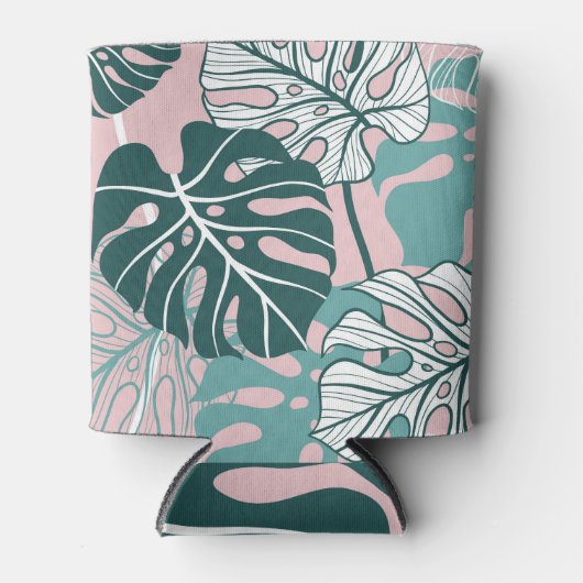Handgetekende monstera bladeren, roze achtergrond. blikjeskoeler (Voorkant)