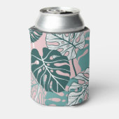 Handgetekende monstera bladeren, roze achtergrond. blikjeskoeler (Blikje Achterkant)