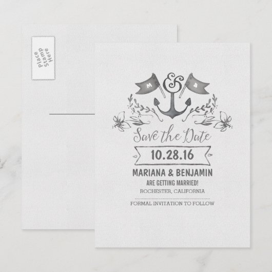 Handgetekende nautische save the date anchor brief aankondigingskaart (Voorkant / Achterkant)