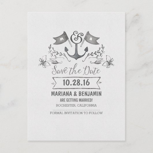 Handgetekende nautische save the date anchor brief aankondigingskaart (Voorkant)
