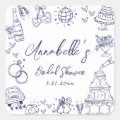 Handgetekende Navy Blue Whimsical Vrijgezellenfees Vierkante Sticker (Voorkant)