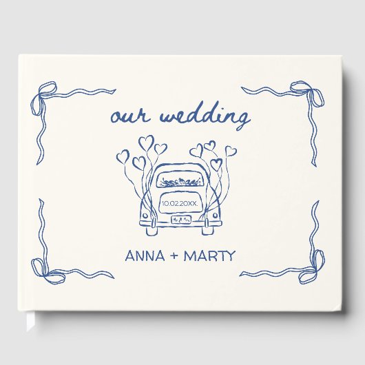 Handgetekende Navy Retro Bows Wedding Car Unique Gastenboek (Voorkant)