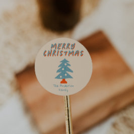  handgetekende Oranje Blue Christmas Tree Funk Ronde Sticker