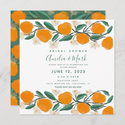 Handgetekende oranje botanische abstracte bruidsdo kaart (Voorkant / Achterkant)