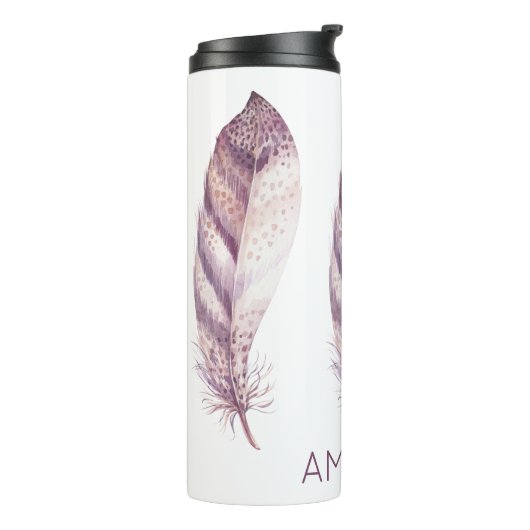 Handgetekende paarse en roze waterverf veer thermosbeker (Gedraaid links)