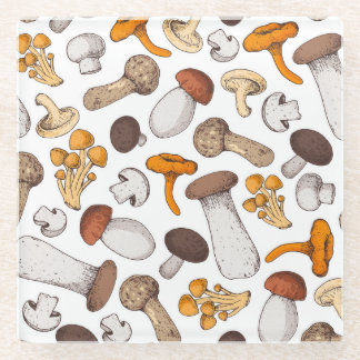 Handgetekende paddenstoelen: voedselachtergrond. glazen onderzetter