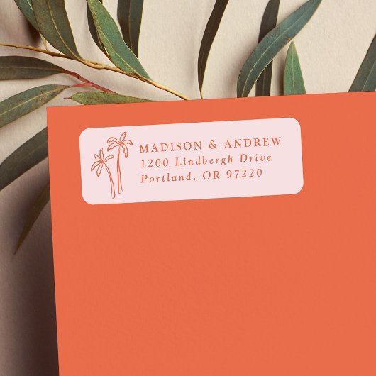 Handgetekende palmbomen Roze bruiloft retour adres Etiket