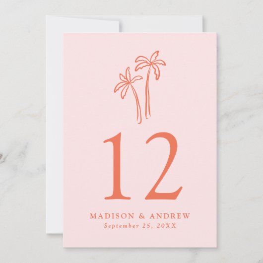 Handgetekende palmbomen Roze Trouwtafel Nummer Kaart (Voorkant)