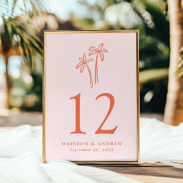 Handgetekende palmbomen Roze Trouwtafel Nummer Kaart