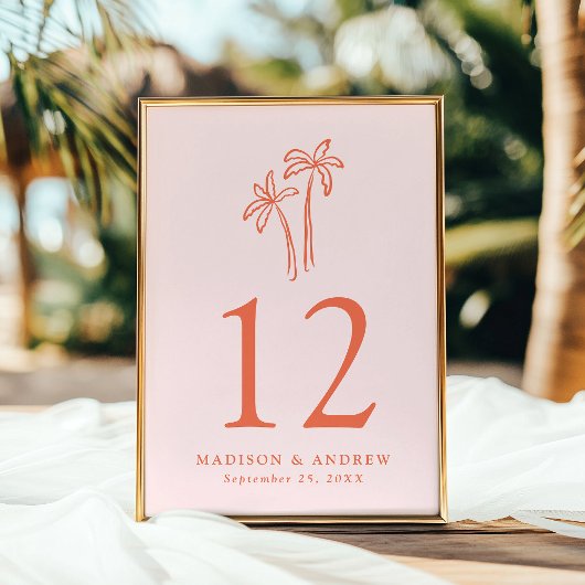 Handgetekende palmbomen Roze Trouwtafel Nummer Kaart