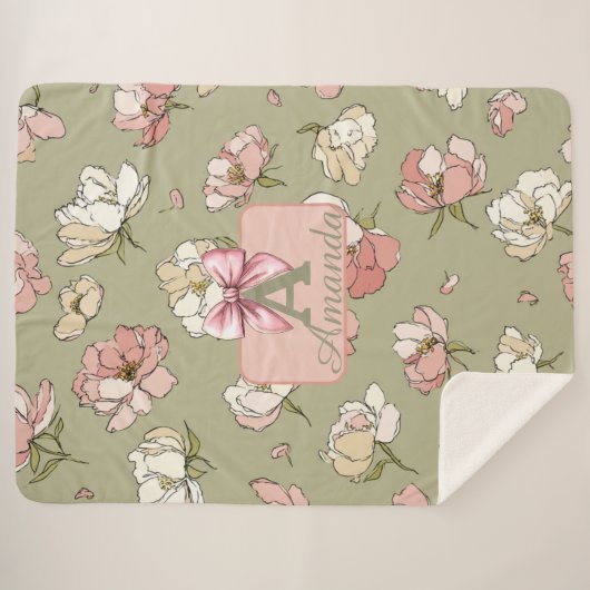 Handgetekende pioenroos patroon Sherpa deken (Voorkant (horizontaal))