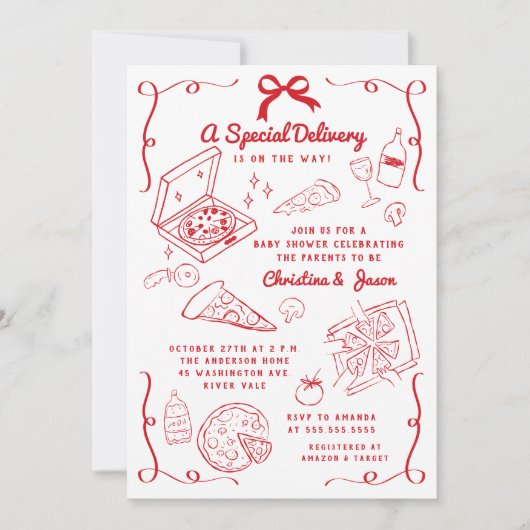 Handgetekende Pizza Baby shower Uitnodiging (Voorkant)