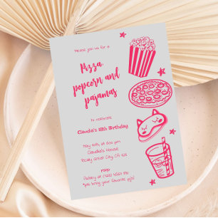 Handgetekende pizza popcorn en pyjama uitnodiging