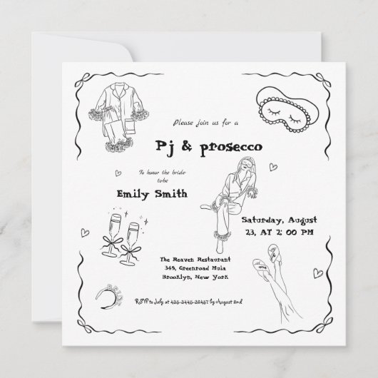 Handgetekende PJ en Prosecco Vrijgezellenfeest Kaart (Voorkant)