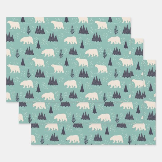 Handgetekende Polaire Beren Evergreen Trees in de  Inpakpapier Vel (Set)