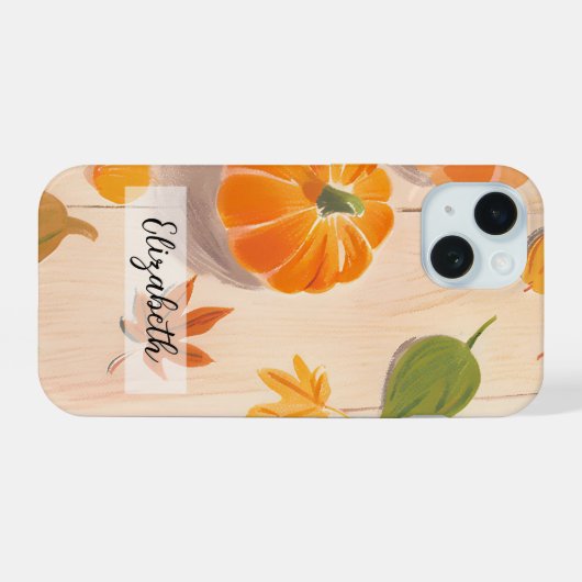 Handgetekende pompoen en herfstbladeren herfstoogs iPhone 15 case (Achterkant horizontaal)