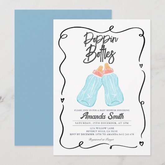 Handgetekende Poppin Bottles Baby shower Invitatio Kaart (Voorkant / Achterkant)