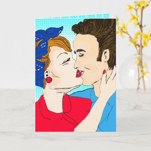 Handgetekende Retro Art Couple's Kaart (Gele Bloem)