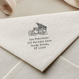 Handgetekende retro kersttruck familie  zelfinktende stempel