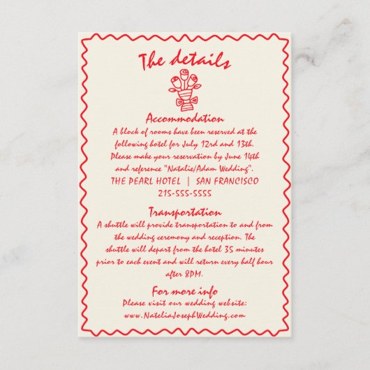 Handgetekende Retro Quirky Unieke Bruiloft Details Informatiekaartje (Voorkant)