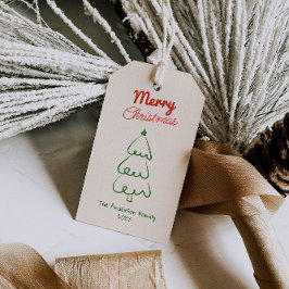 Handgetekende Retro Rode Groene Kerstboom Vintage Cadeaulabel