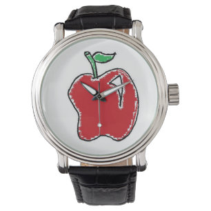 Handgetekende rode appel fruit Cartoon Horloge