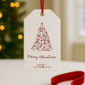 Handgetekende rode boog kerstboom cadeaulabel