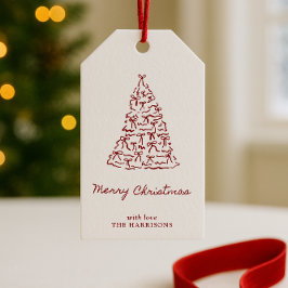 Handgetekende rode boog kerstboom cadeaulabel
