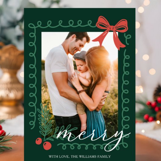 Handgetekende rode en groene vrolijke feestdagenkaart