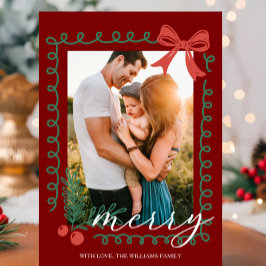 Handgetekende rode en groene vrolijke feestdagenkaart