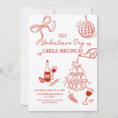 Handgetekende rode Galentine's Day Girls Brunch Kaart (Voorkant)