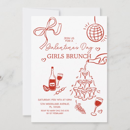 Handgetekende rode Galentine's Day Girls Brunch Kaart (Voorkant)