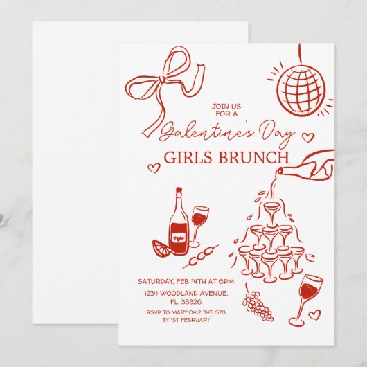 Handgetekende rode Galentine's Day Girls Brunch Kaart (Voorkant / Achterkant)