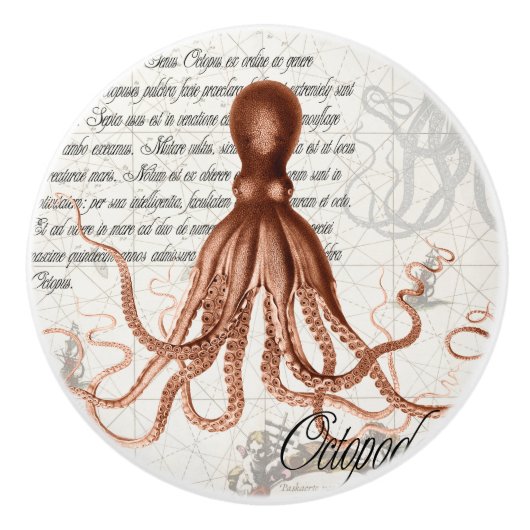 Handgetekende  rode octopus illustratie keramische knop (Voorkant)