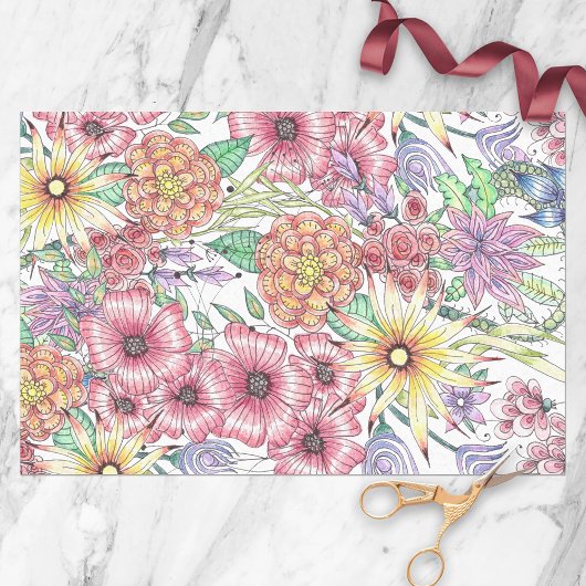 Handgetekende rode Sinaasappel gele bloemen en bla Tissuepapier