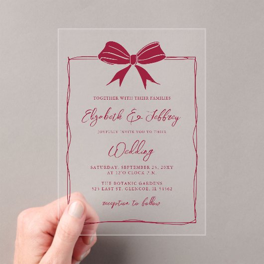 Handgetekende rode strik Coquette Modern Chic Wedd Acryl Uitnodigingen (Insitu (Draagbaar))