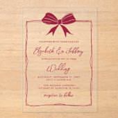 Handgetekende rode strik Coquette Modern Chic Wedd Acryl Uitnodigingen (Voorkant)