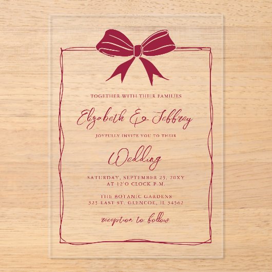 Handgetekende rode strik Coquette Modern Chic Wedd Acryl Uitnodigingen (Voorkant)