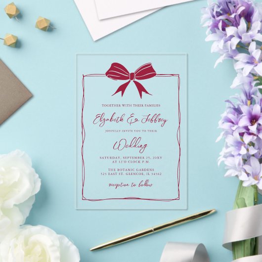 Handgetekende rode strik Coquette Modern Chic Wedd Acryl Uitnodigingen (Insitu (Huwelijk))