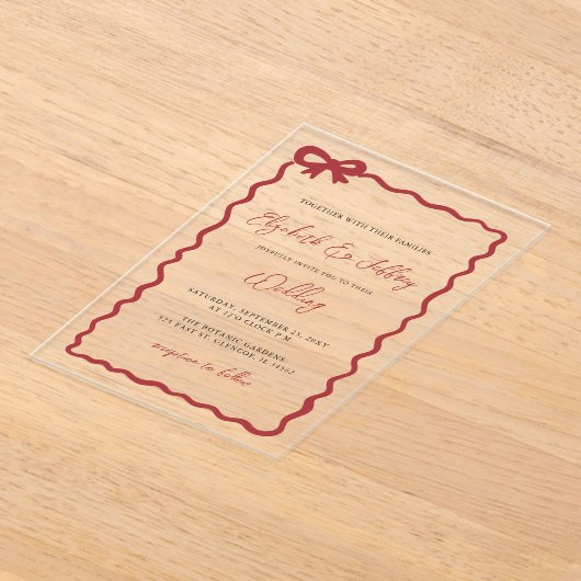 Handgetekende rode strik Coquette Modern Chic Wedd Acryl Uitnodigingen (Laagn)