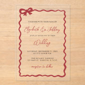 Handgetekende rode strik Coquette Modern Chic Wedd Acryl Uitnodigingen (Voorkant)