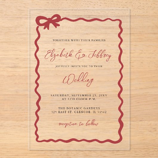 Handgetekende rode strik Coquette Modern Chic Wedd Acryl Uitnodigingen (Voorkant)