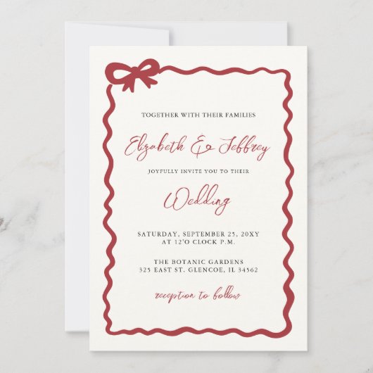 Handgetekende rode strik Coquette Modern Chic Wedd Kaart (Voorkant)