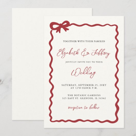 Handgetekende rode strik Coquette Modern Chic Wedd Kaart (Voorkant / Achterkant)