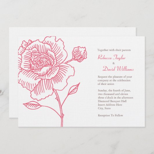 Handgetekende roos trouwuitnodiging roze kaart (Voorkant / Achterkant)